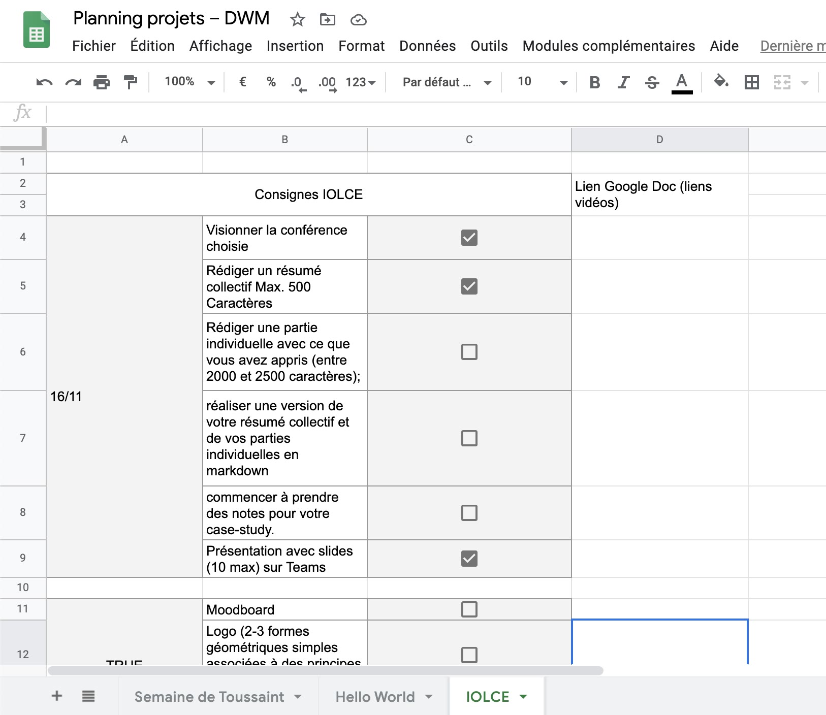 Google sheet — Organisation du projet IOLCE