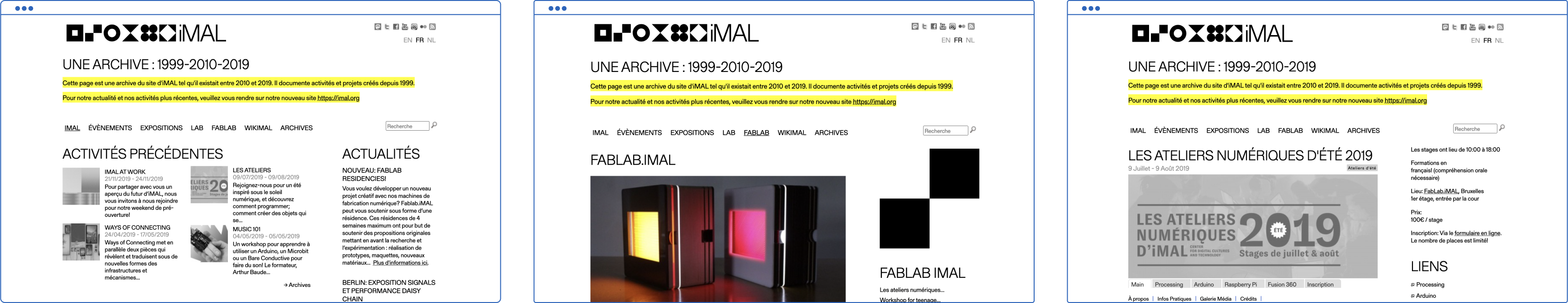 Visualisation de différentes pages du site iMAL