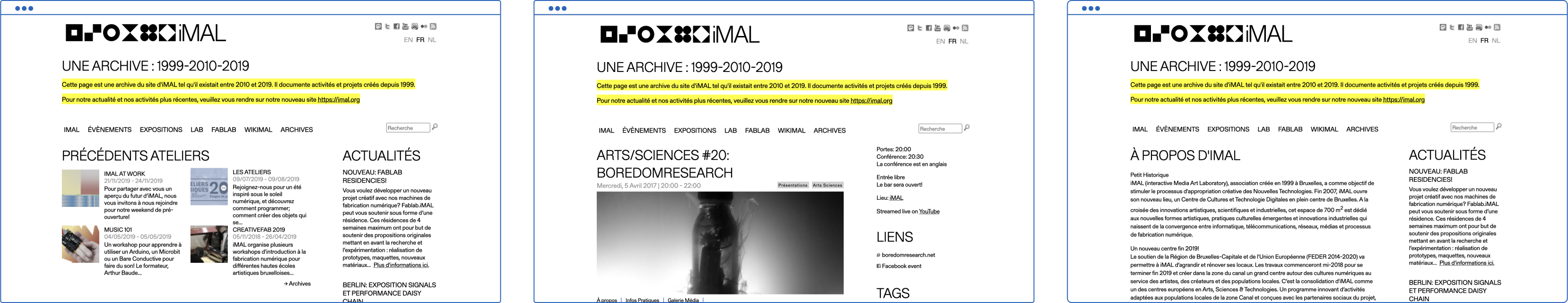 Visualisation de différentes pages du site iMAL